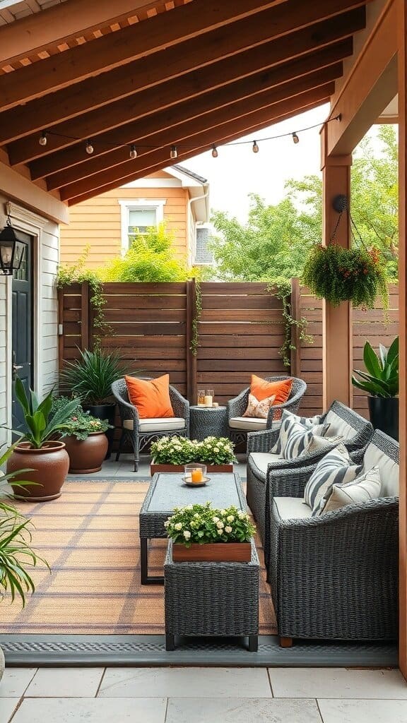 Cozy outdoor living space with comfortable seating, plants, and warm lighting.