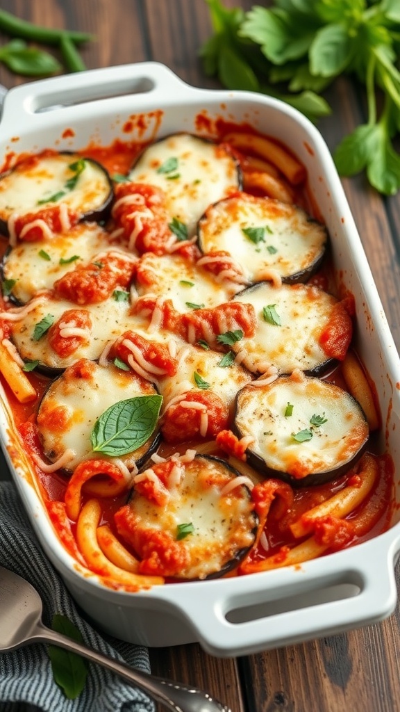 A delicious Eggplant Parmesan Bake with layers of eggplant, marinara sauce, and melted cheese in a white baking dish.
