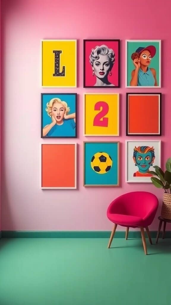 A wall with colorful pop art prints featuring iconic figures, alongside a pink chair and teal floor.