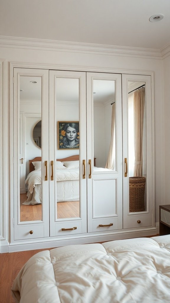 A stylish wardrobe with mirrors in a cozy bedroom