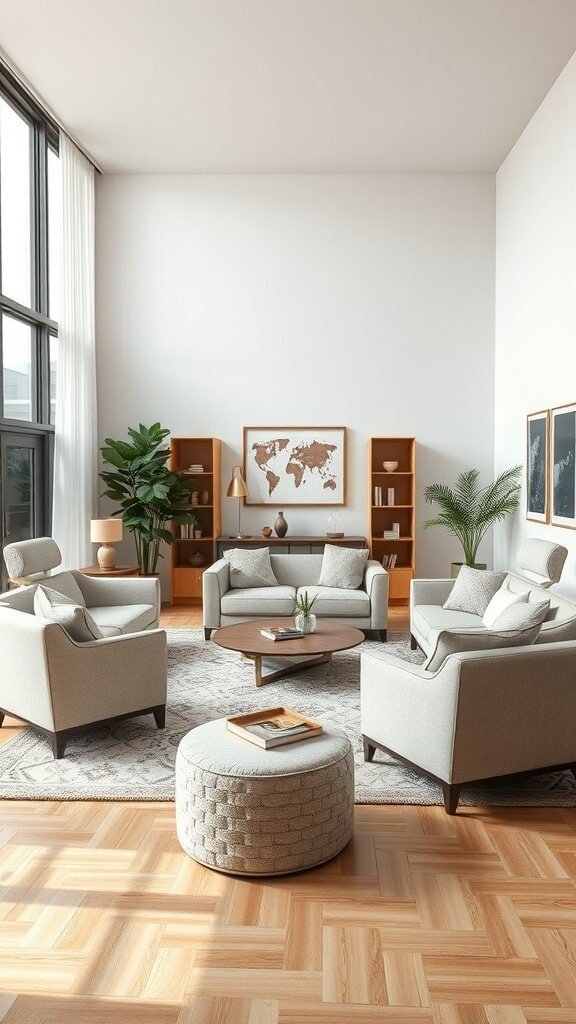 A modern living room with mixed furniture styles, featuring light-colored sofas, accent chairs, a round coffee table, and decorative plants.
