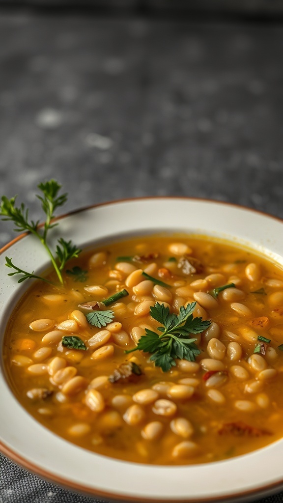 A bowl of bland lentil soup with no herbs, looking warm but uninviting.