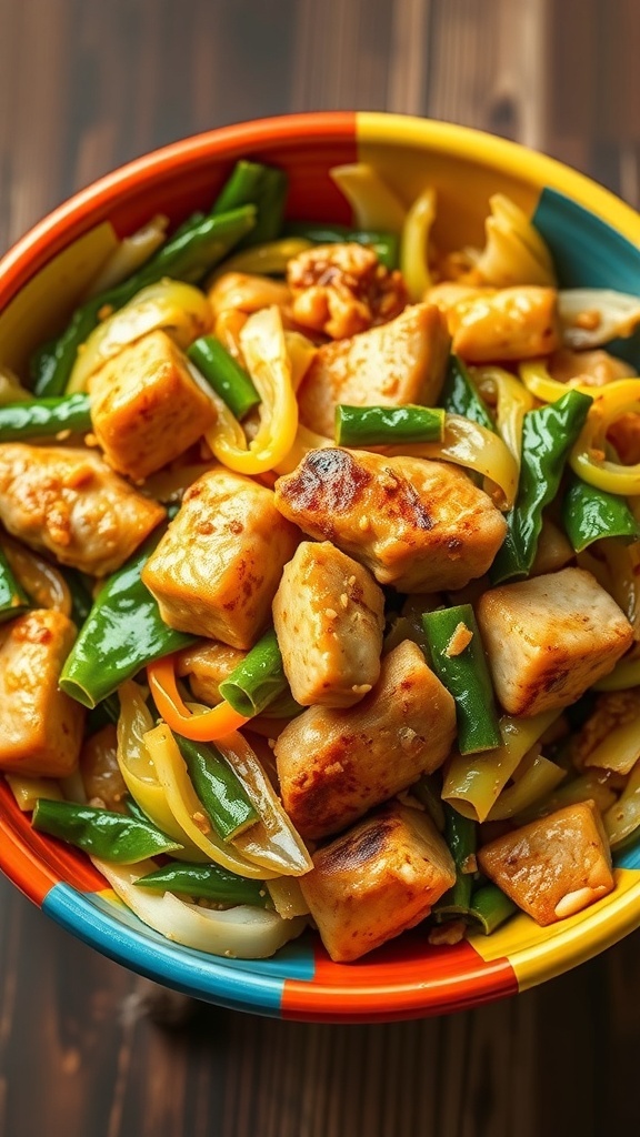 A colorful bowl of cabbage stir-fry with chicken, featuring green and yellow peppers.
