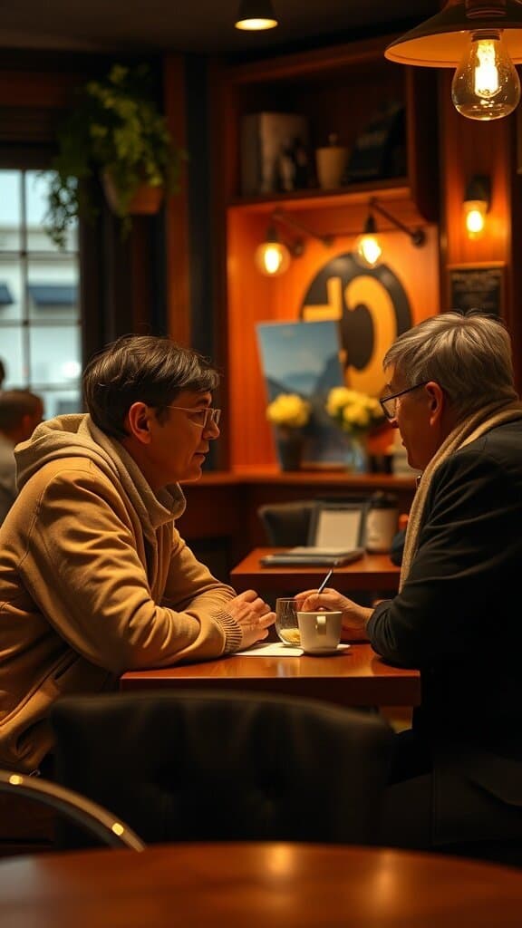 Two people engaged in a deep conversation at a café, with warm lighting and a cozy atmosphere.