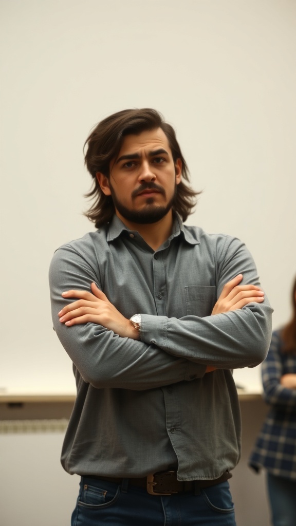 A man with crossed arms and a serious expression, indicating defensiveness.