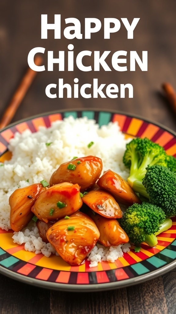 A plate of teriyaki chicken served with steamed broccoli and rice.