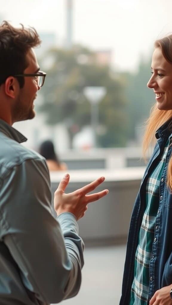 A man and a woman smiling and engaging in a playful conversation.