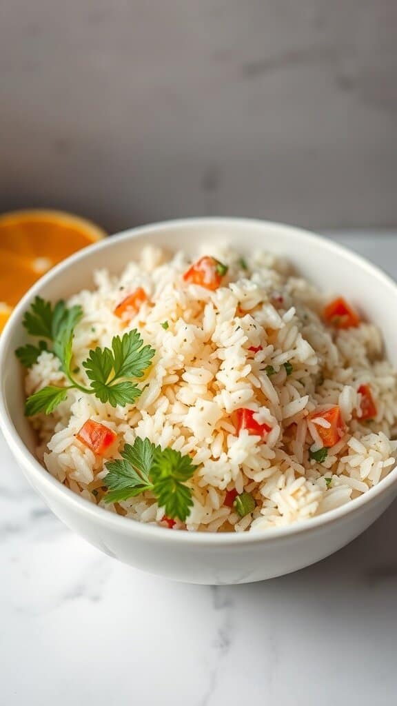 A bowl of unseasoned rice salad with colorful vegetables