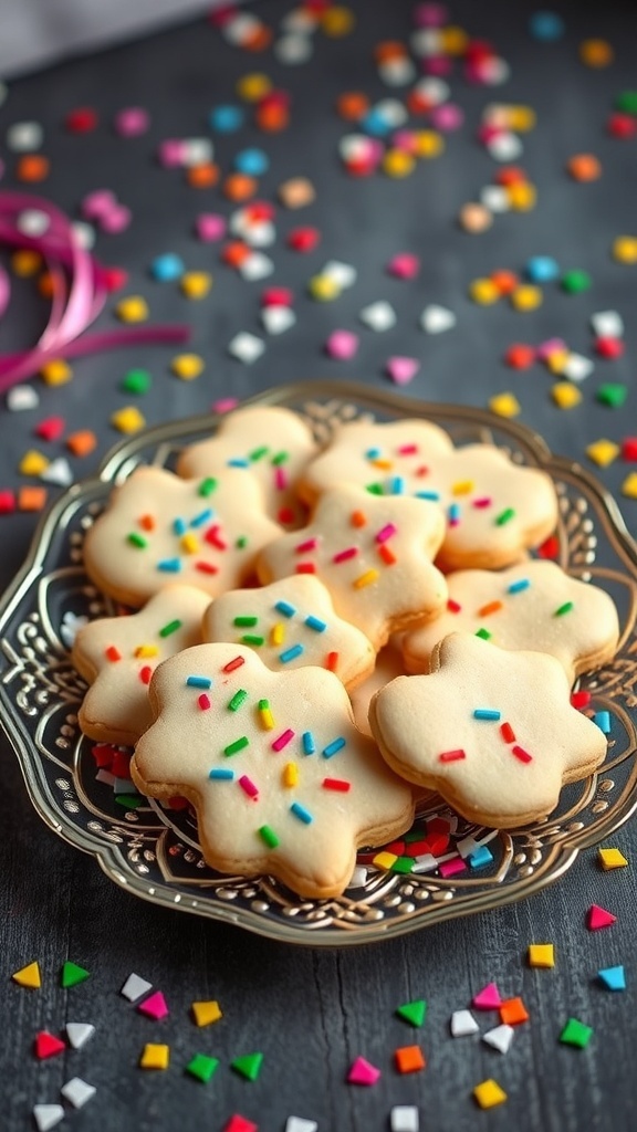 A plate of colorful confetti sugar cookies surrounded by sprinkles.