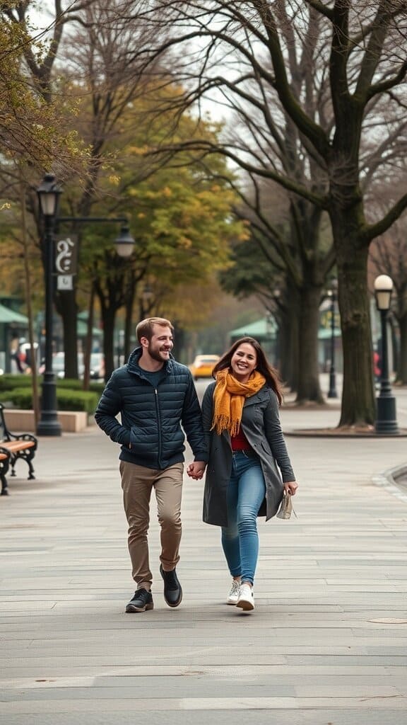 A couple walking hand in hand in a park, smiling and enjoying each other's company.