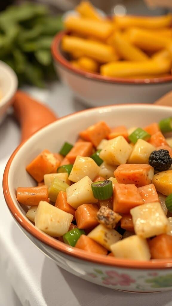 A colorful bowl of overcooked vegetable medley with carrots, potatoes, and green beans.