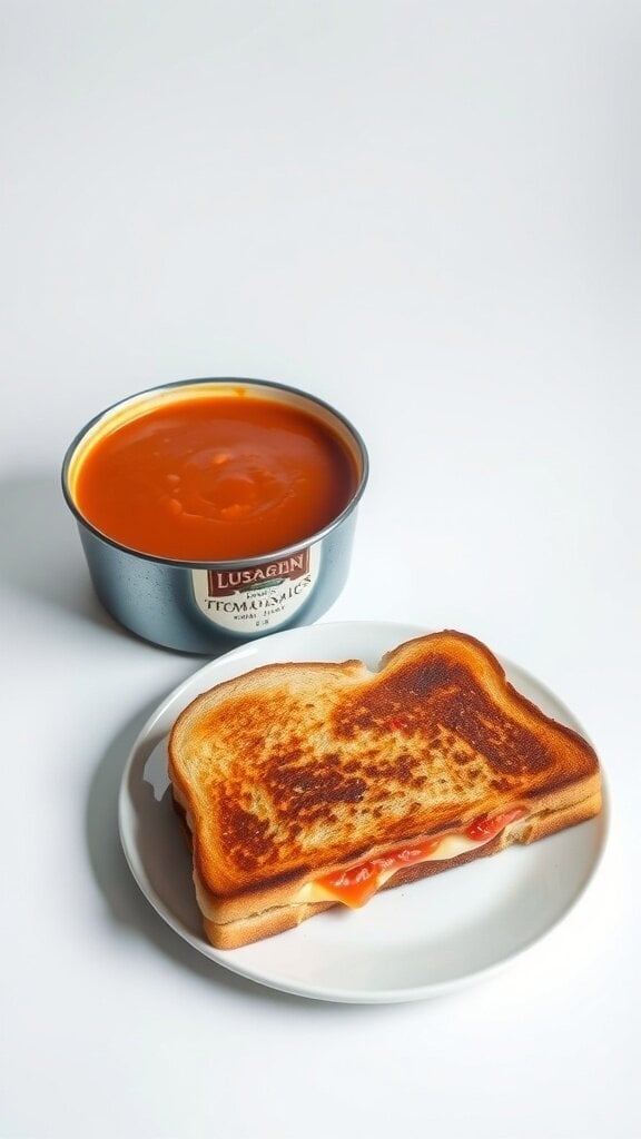 A bowl of tomato soup next to a grilled cheese sandwich on a plate.