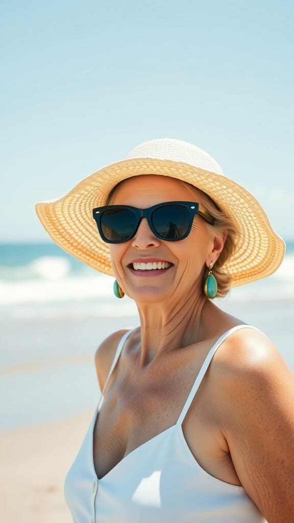 A smiling woman wearing a wide-brimmed straw sun hat and sunglasses at the beach.