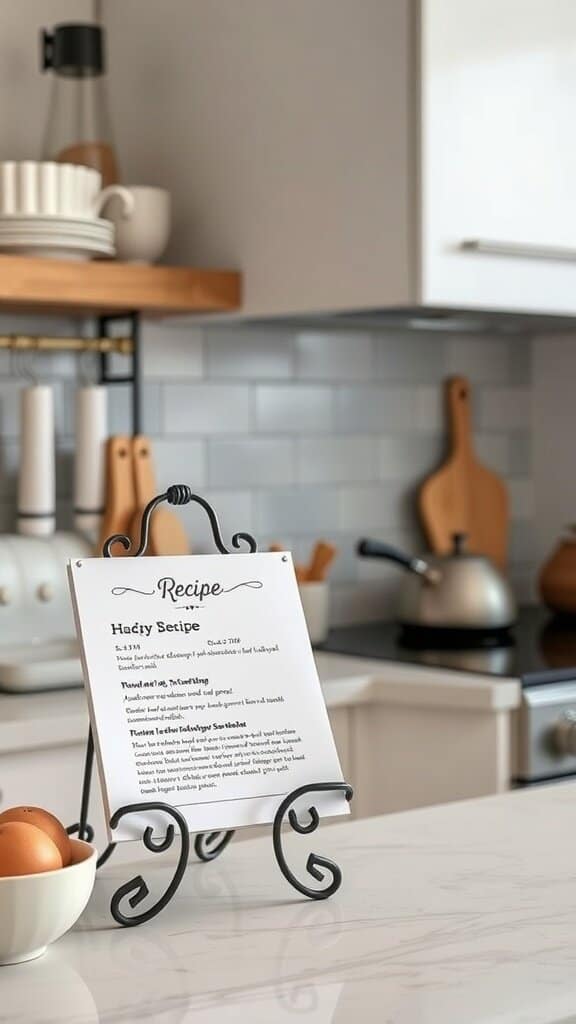 A recipe holder displaying a recipe in a modern kitchen setting.