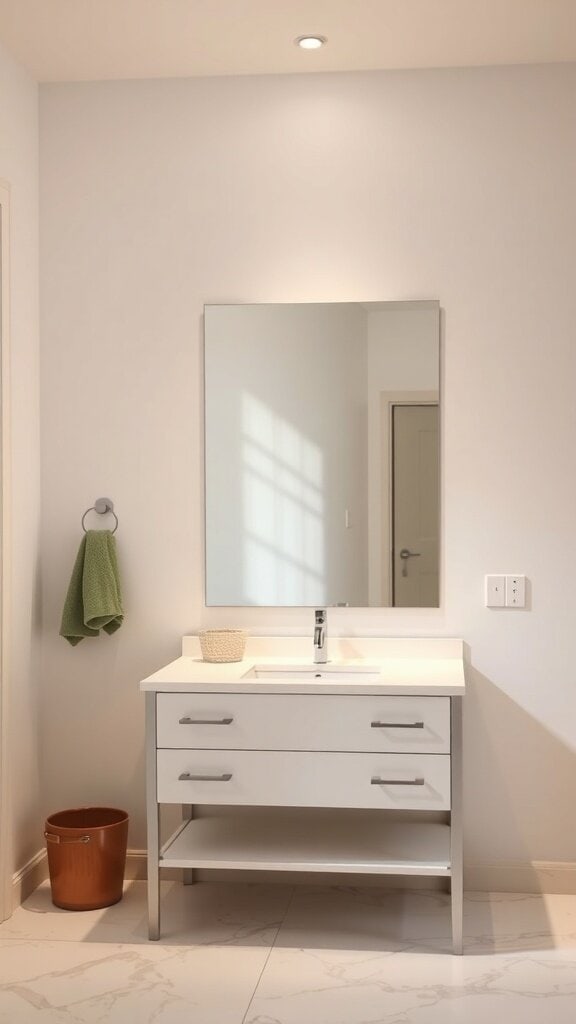 A modern bathroom vanity with bright lighting, a mirror, and a clean design.