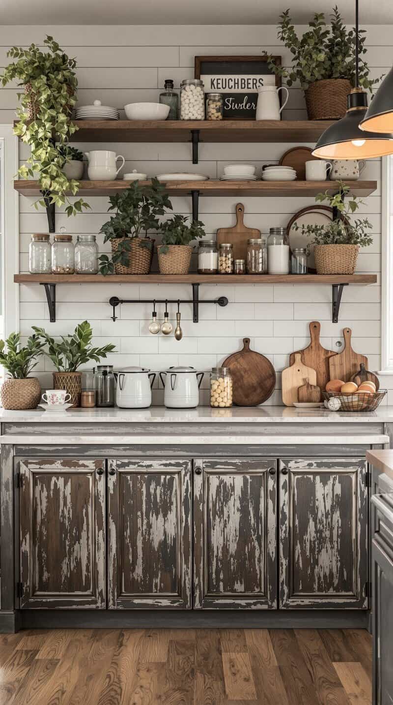 A rustic farmhouse kitchen with open shelving, potted plants, and vintage kitchenware.