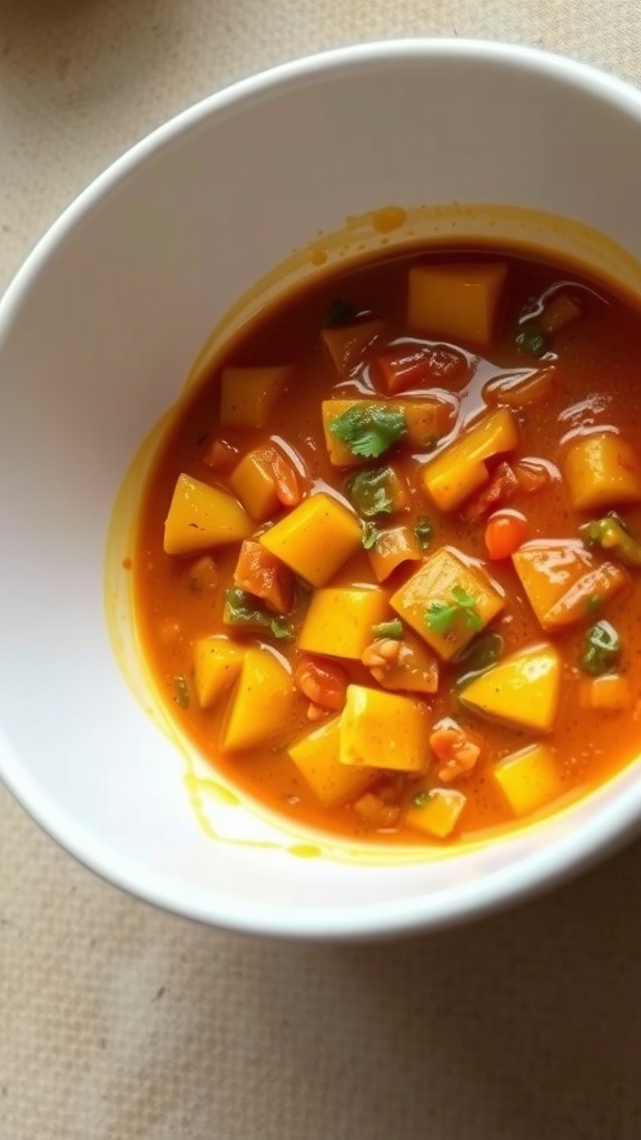 A bowl of unseasoned vegetable curry with chunks of vegetables in a thin orange sauce.