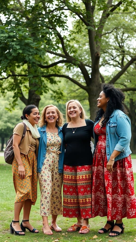 A group of four women laughing together in a park, showcasing friendship and support.