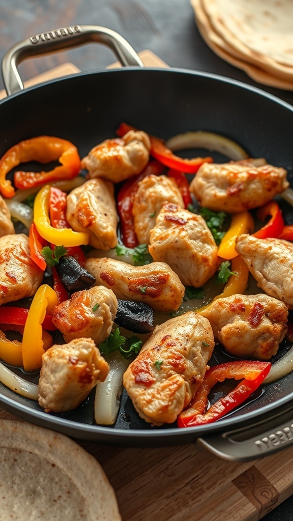 A colorful dish of chicken fajitas with bell peppers and onions in a skillet.