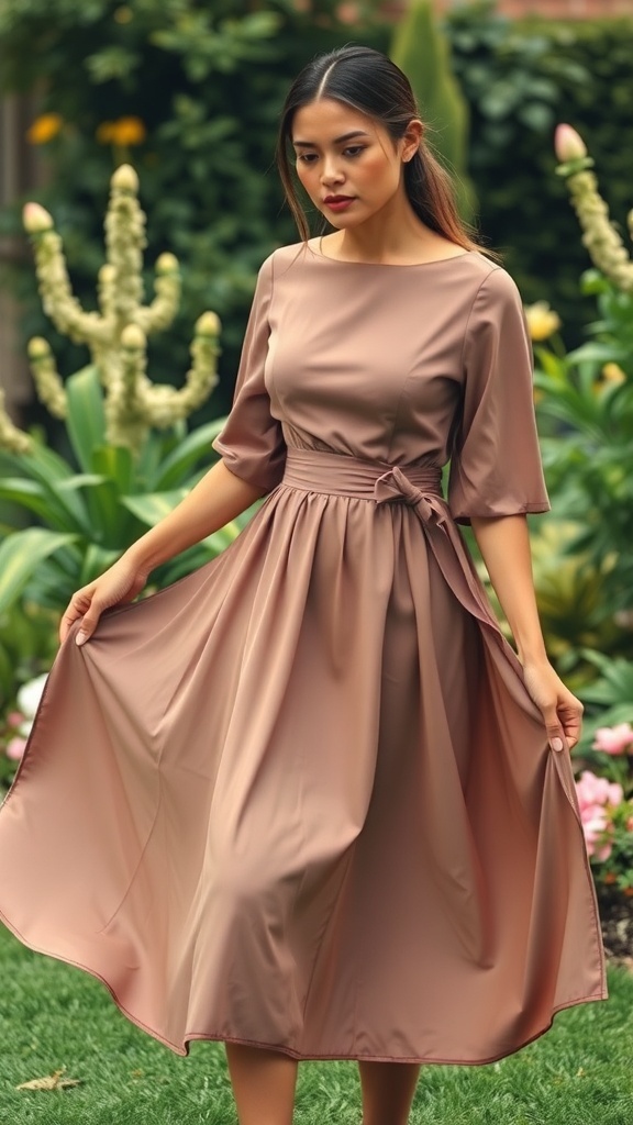 A woman wearing a brown empire waist dress, standing in a garden.