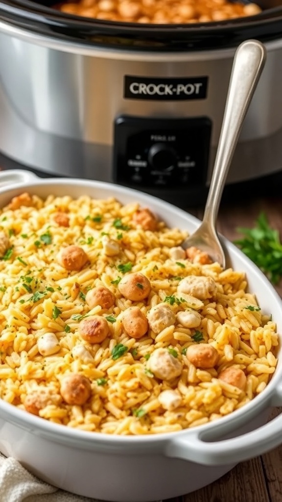 A delicious Chicken and Rice Casserole in a white bowl, with a spoon ready to serve.