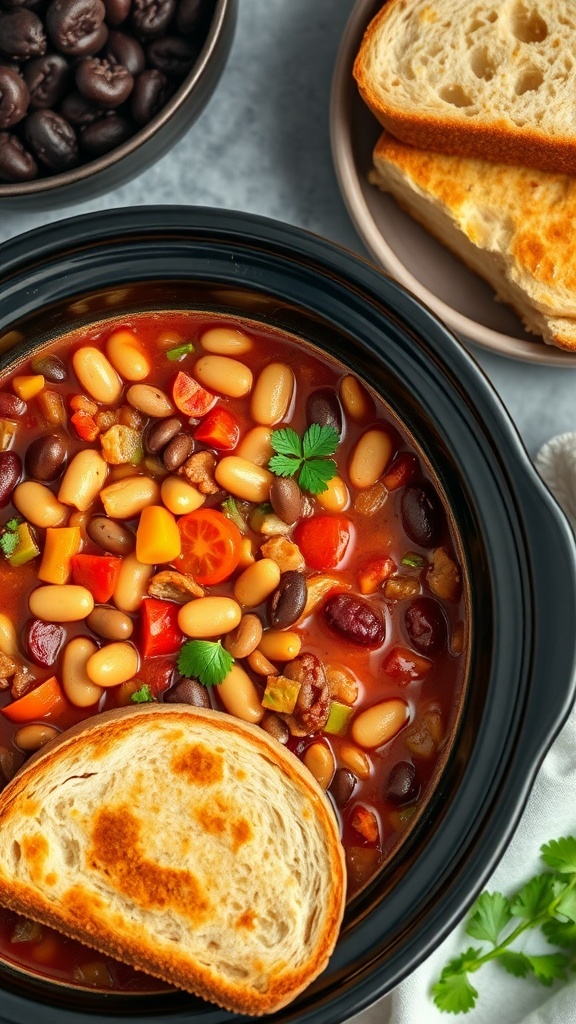 A bowl of vegetarian chili loaded with beans, served with toasted bread.