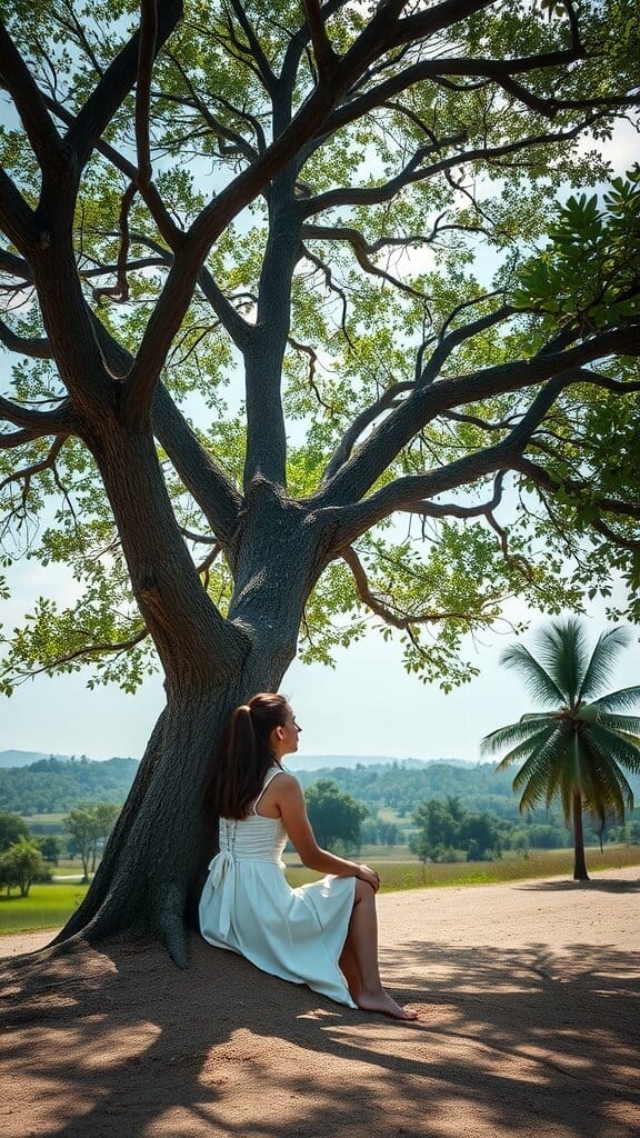 A woman in a white dress sitting under a tree, looking peaceful and content.