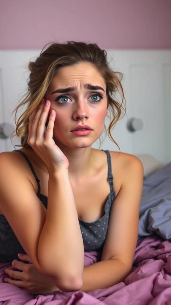 A worried woman realizing she forgot to remove her makeup before bed.