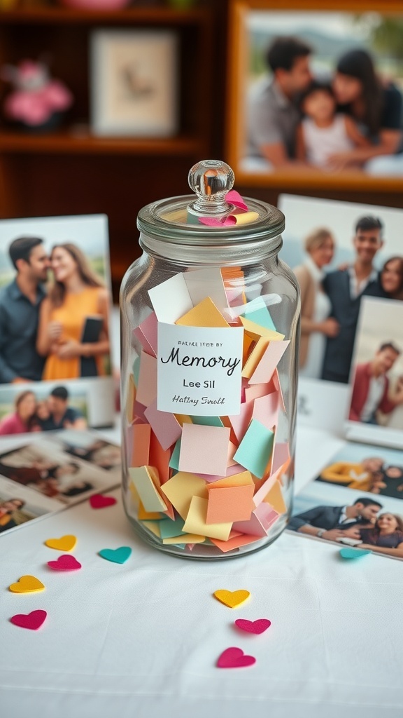 A memory jar filled with colorful notes, surrounded by family photos.