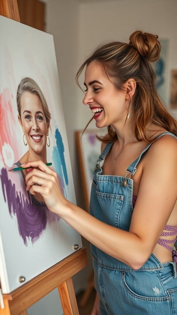 A woman playing the violin while painting on a canvas, showcasing her passion for hobbies.