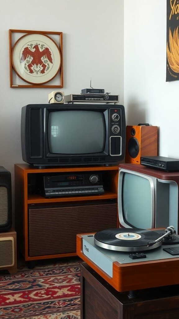 A vintage electronics setup featuring a classic television, record player, and cassette deck.