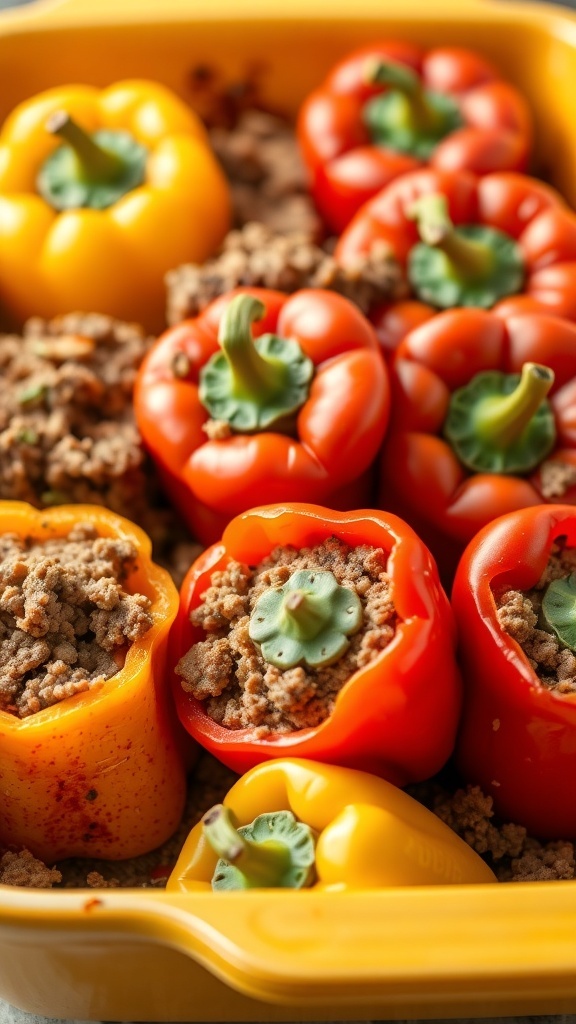 A colorful stuffed pepper casserole with red and yellow bell peppers filled with a meat and rice mixture.