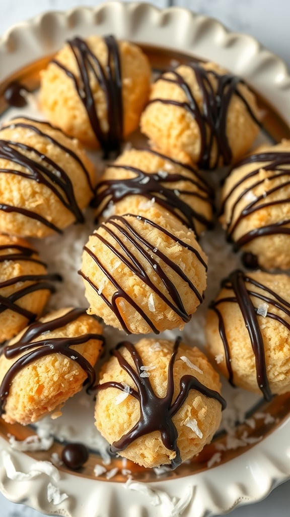 Coconut macaroons drizzled with chocolate on a decorative plate