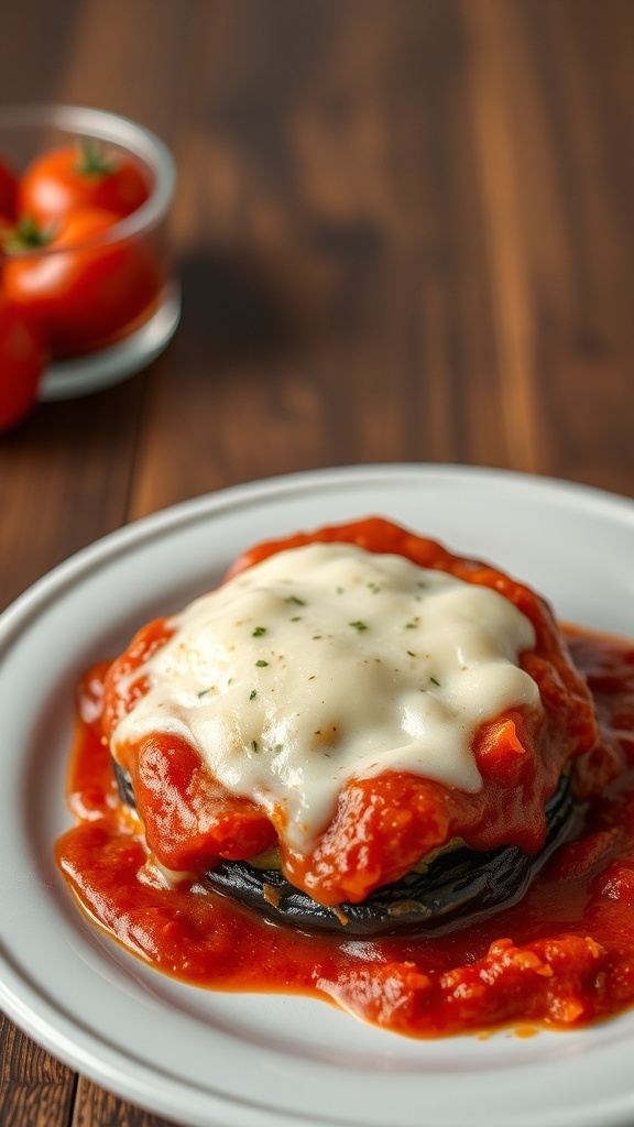A serving of Eggplant Parmesan topped with marinara sauce and melted cheese, with fresh tomatoes in the background.
