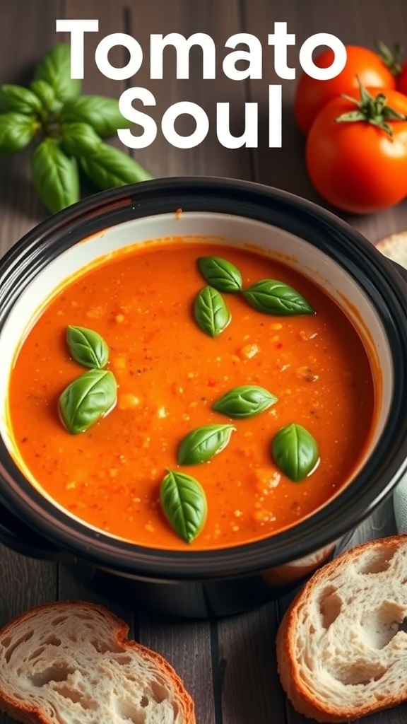 A bowl of creamy tomato basil soup with fresh basil leaves on top, surrounded by tomatoes and slices of bread.