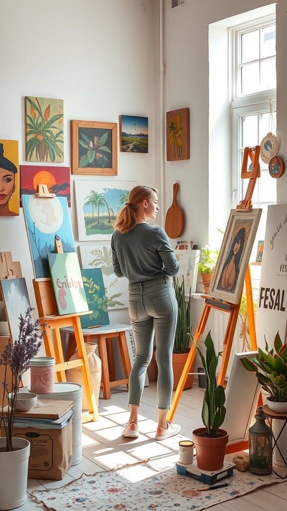 A woman standing in an art studio, surrounded by paintings and plants, looking thoughtful