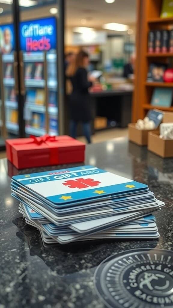 A stack of colorful gift cards on a counter with a red gift box in the background.