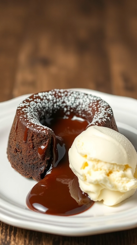 A delicious chocolate lava cake with a molten center, served with vanilla ice cream.