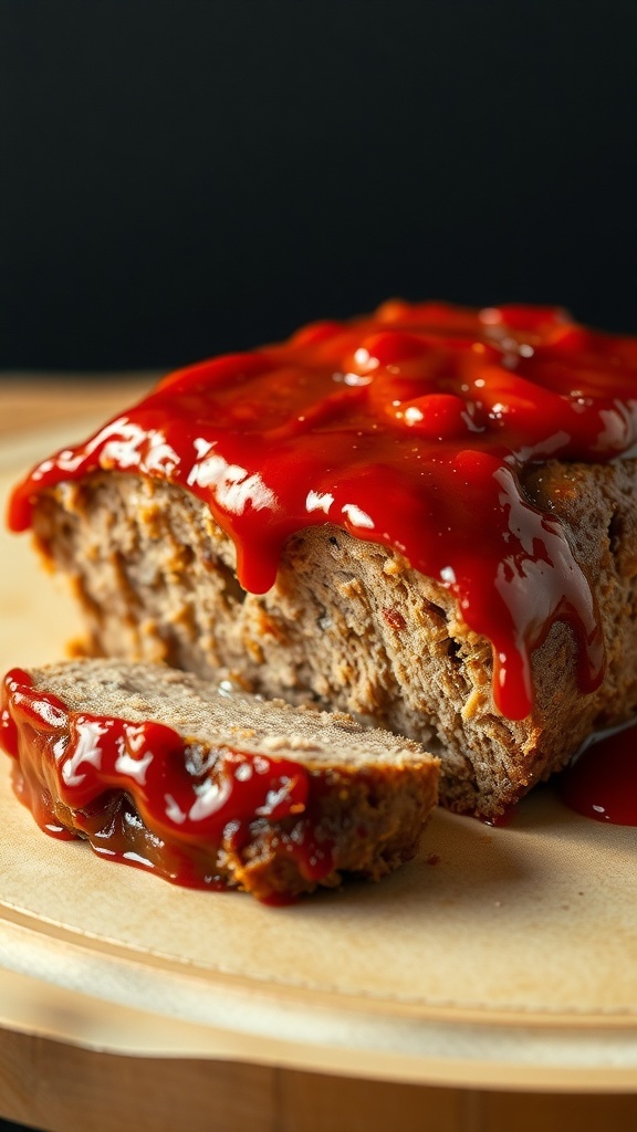 Overcooked meatloaf with ketchup glaze on a wooden board.