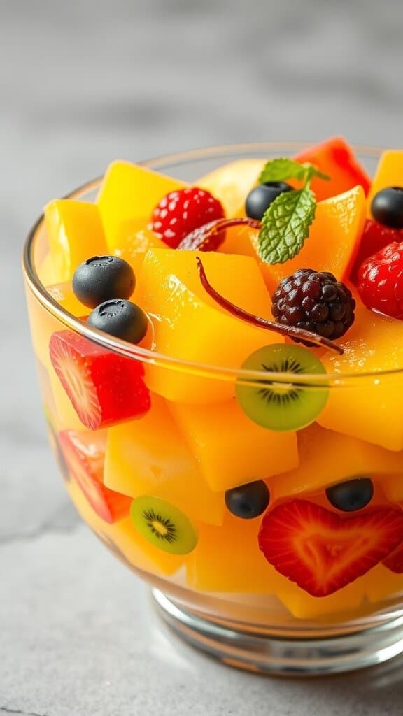 A colorful bowl of Jell-O salad with various fruits and garnishes.