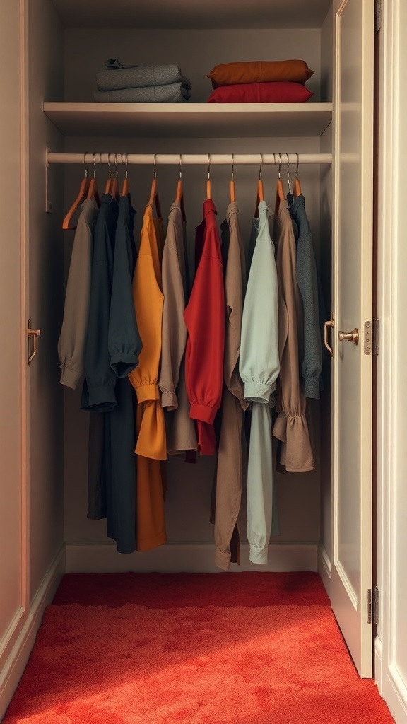 A closet with a variety of clothing items in different colors, showcasing both muted and vibrant hues.