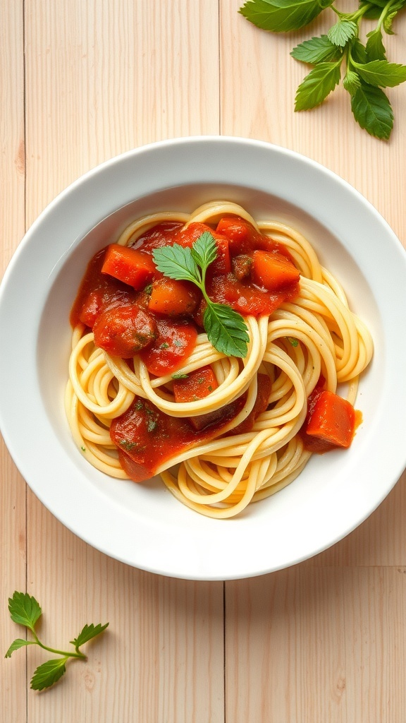 A bowl of zucchini noodles topped with marinara sauce and garnished with fresh herbs.