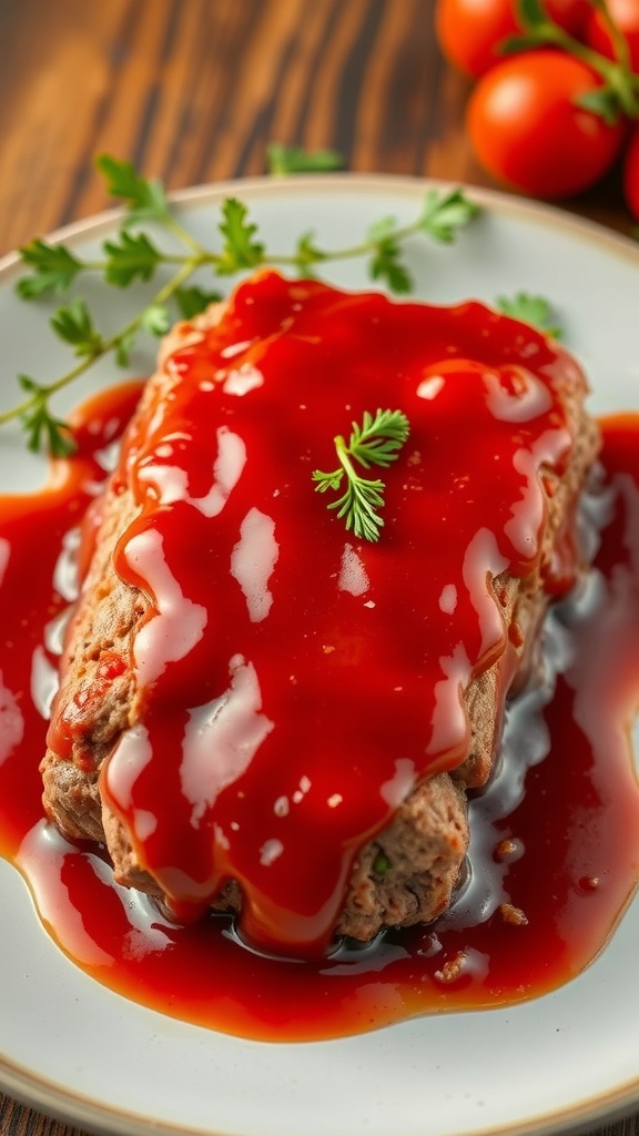 Chewy meatloaf topped with ketchup glaze, garnished with parsley and cherry tomatoes.