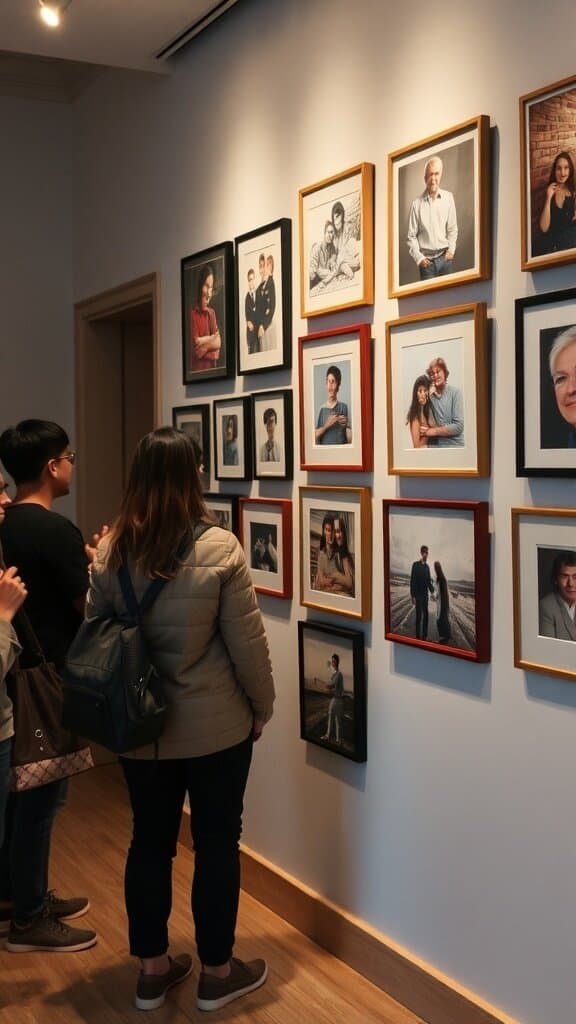 A group of people looking at a gallery wall filled with framed photographs.