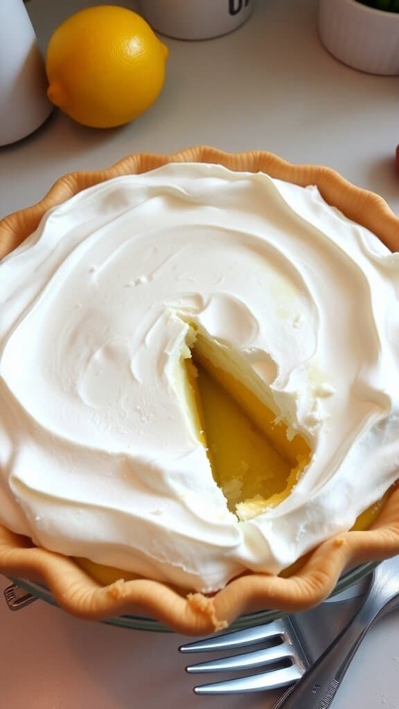 A lemon meringue pie with a slice taken out, showing the yellow filling and fluffy meringue on top, with a lemon beside it.