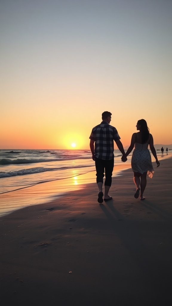 A couple walking hand-in-hand on the beach during sunset