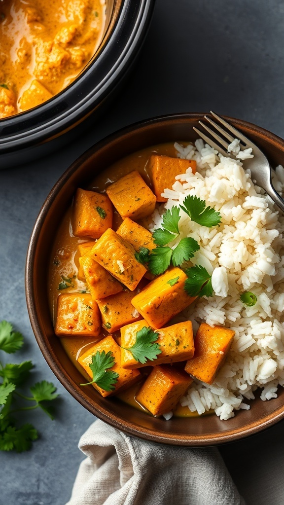 A bowl of coconut curry chicken served with rice and garnished with cilantro.