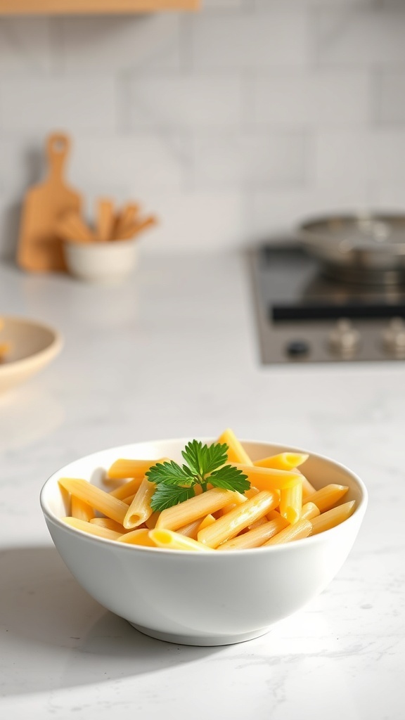 A bowl of plain penne pasta drizzled with olive oil and garnished with parsley.