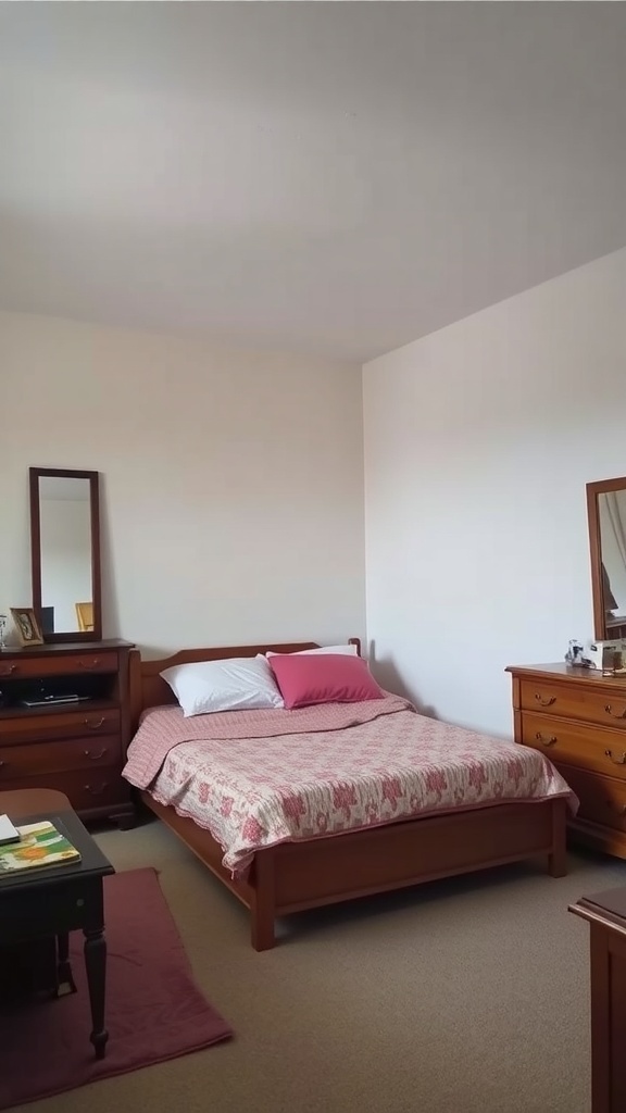 A bedroom with mismatched furniture including a bed, dressers, and a nightstand.