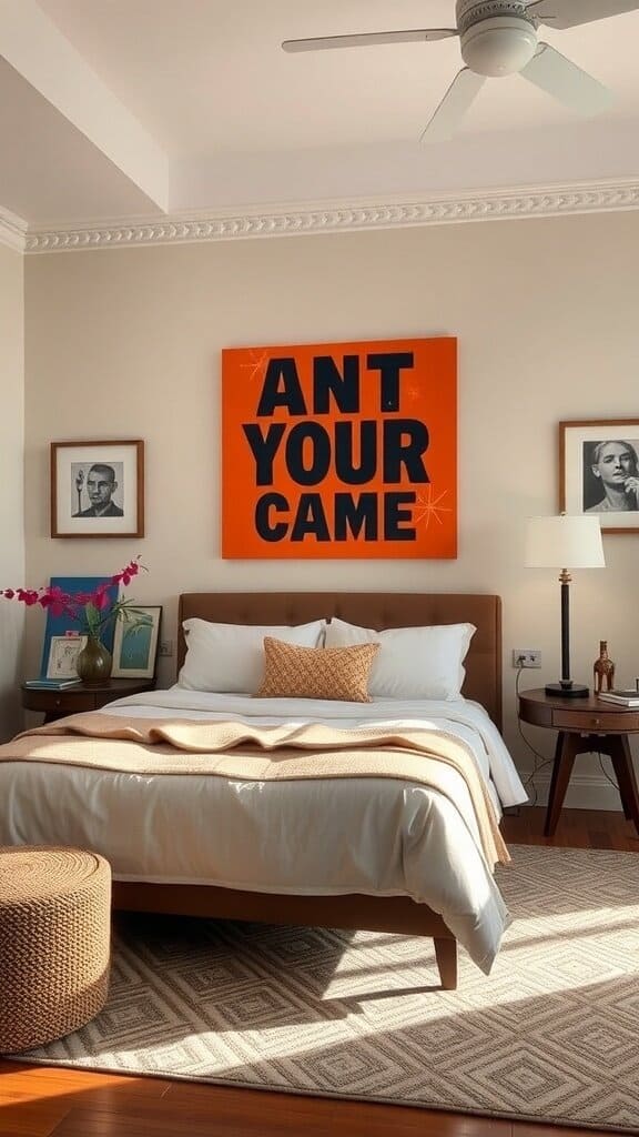 A guest bedroom featuring a bright orange artwork with bold text, contrasting with a neutral color scheme.